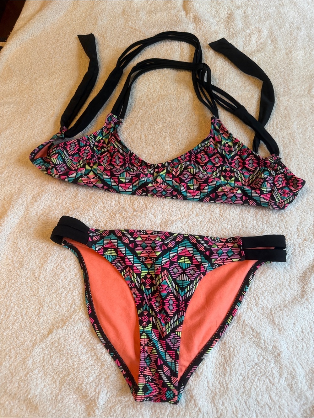 Multicolor Geometric Print Bikini Set with Black Straps - Women’s Swim